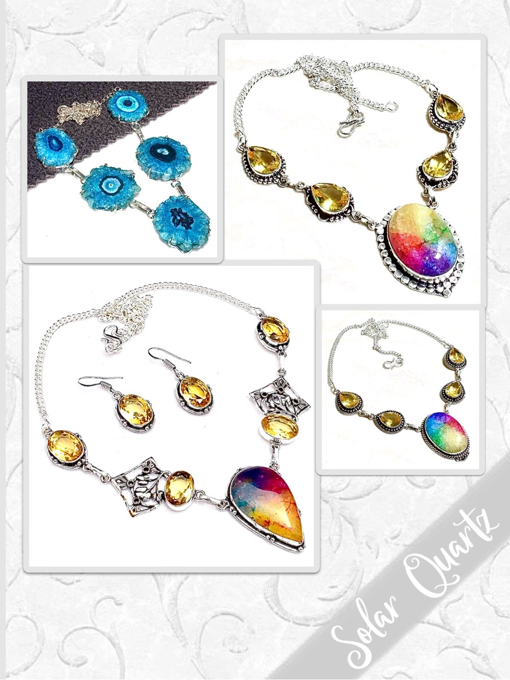 Rainbow Solar Quartz Multi-Stone Artisan Necklace 18” Blue Green Yellow Red Pink